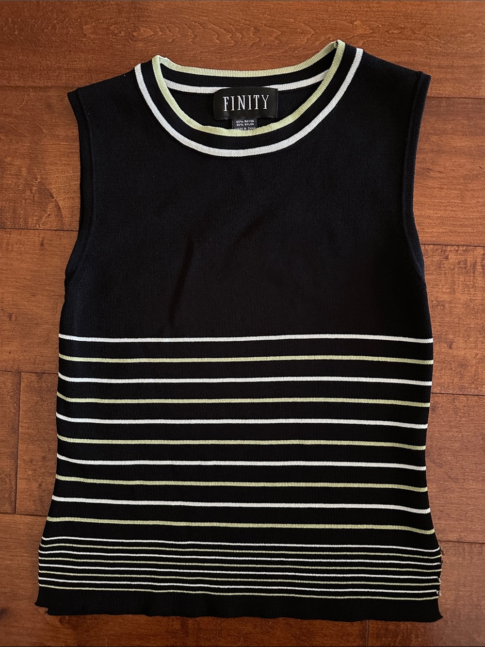 Finity Black Sleeveless Knit Top with White and Light Green Stripes